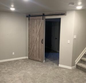 Barn-door entry off a carpeted basement hallway